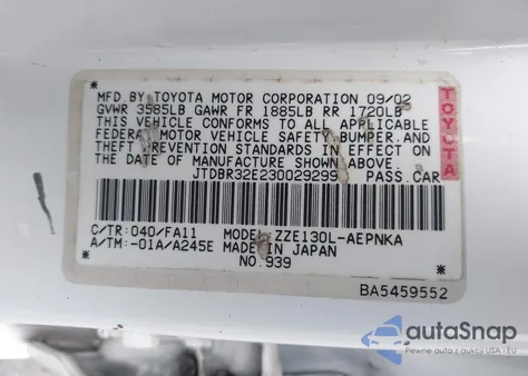 2003 Toyota Corolla Le из США, поврежденный, VIN JTDBR32E230029299